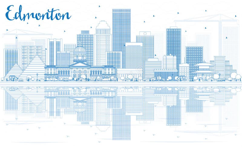 Outline Edmonton Skyline with Blue Buildings and Reflections.
