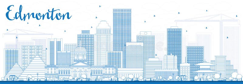Outline Edmonton Skyline with Blue Buildings.