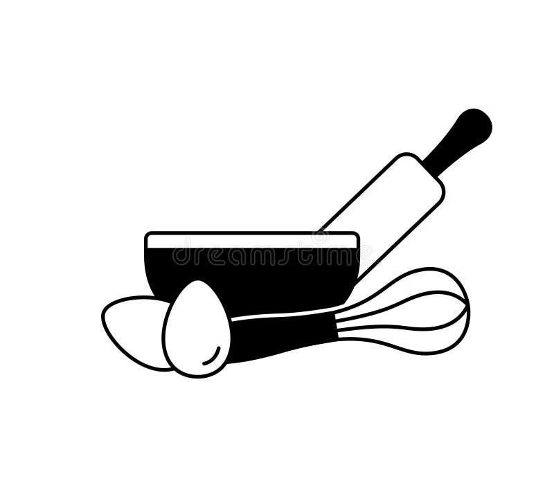 Kitchen Whisk, Rolling Pin And Chicken Egg. Silhouette Icons Set For