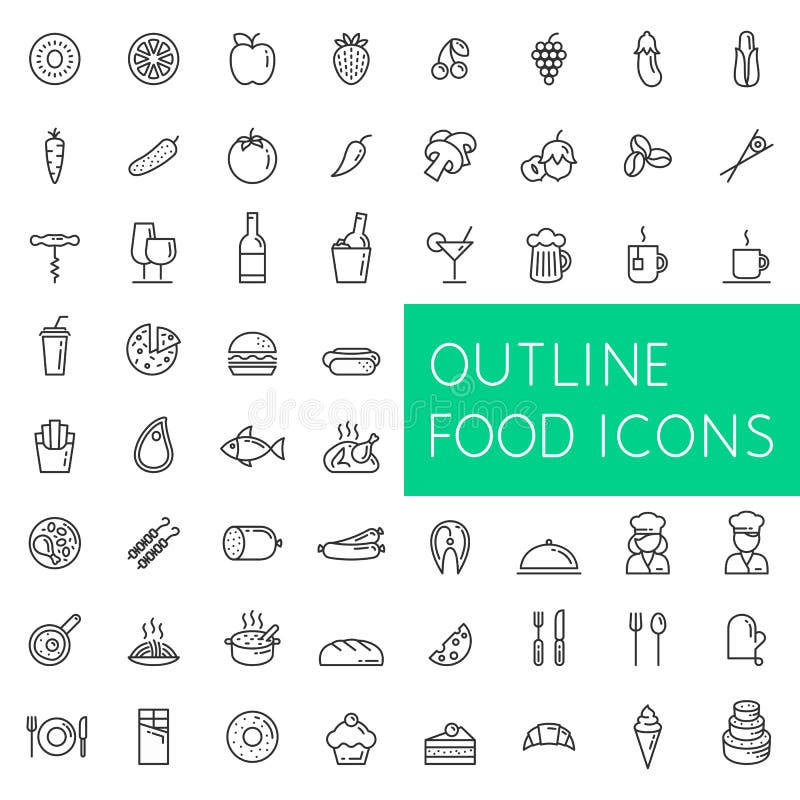 Line icons of food, fruits and vegetables, drinks and fast food, meat and fish, confectionery and bakery, etc. Line icons of food, fruits and vegetables, drinks and fast food, meat and fish, confectionery and bakery, etc.