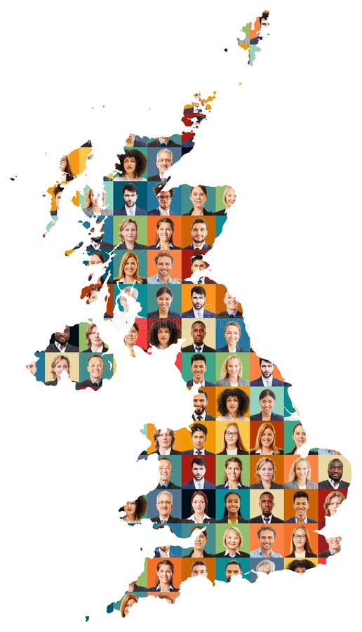Outline of Great Britain with portraits of diverse business people royalty free stock photography