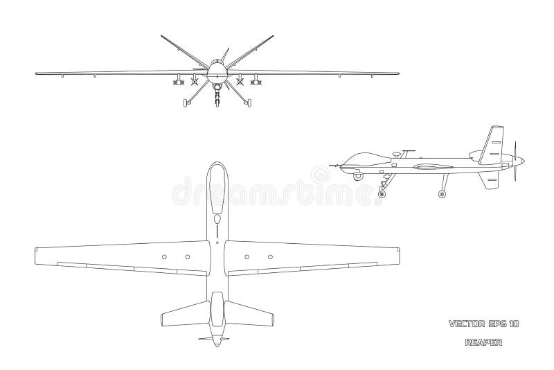 Outline image of military drone. Top, front and side view. Army aircraft for intelligence and attack stock illustration