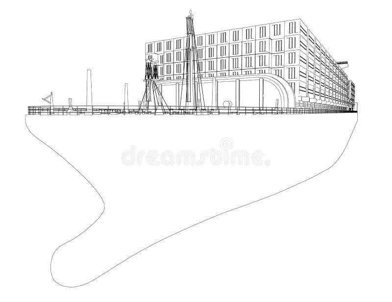 Outline of a Large Ship with Containers from Black Lines, Isolated on a