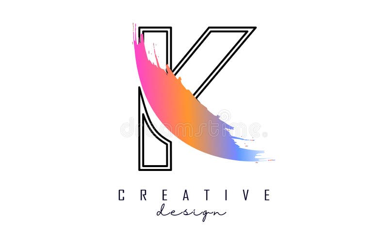 Outline Letter K Logo with Rainbow Brush Stroke and Creative Cut Stock