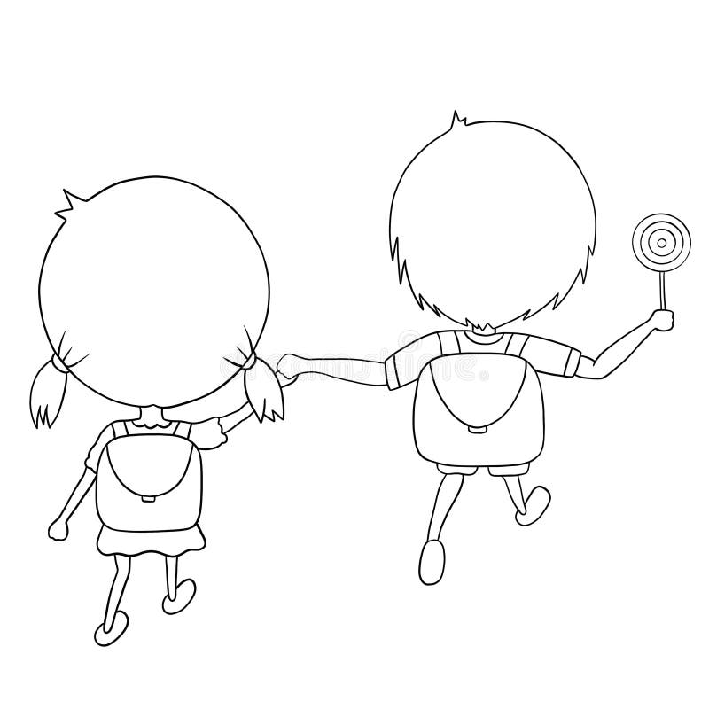 Outline Of Little Boy And Girl With School Bag And Lollipops Are Holding Their Hand Concepts Of Welcome The Semester Stock Illustration Illustration Of Concepts Draw