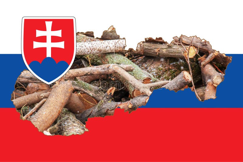 Obrysová mapa Slovenska s vyobrazením štátnej vlajky. Palivové drevo na mape. Koláž ilustrácie. Energetická kríza