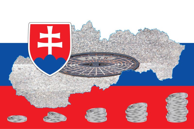 Obrysová mapa Slovenska s vyobrazením štátnej vlajky. Kryt prielezu plynovodného systému vo vnútri mapy. Koláž.