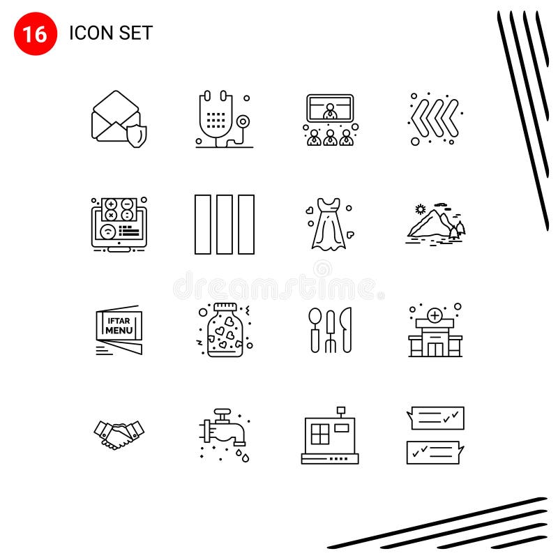Outline Pack of 16 Universal Symbols of elearning, keyboard, medicine, arrow, presentation royalty free illustration
