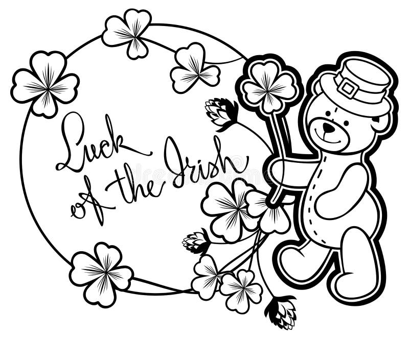 Outline round frame with shamrock contour and teddy bear. Raster clip art.