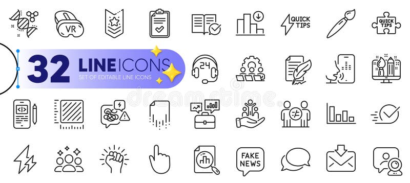 Outline set of Business portfolio, Checklist and Brush line icons. For web app. Vector vector illustration