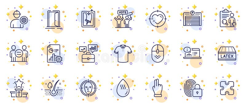 Outline set of Click hand, Latex mattress and Business portfolio line icons for web app. Pictogram icon. Vector vector illustration