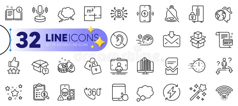 Outline set of Locks, Selfie stick and Renewable power line icons. For web app. Vector royalty free illustration