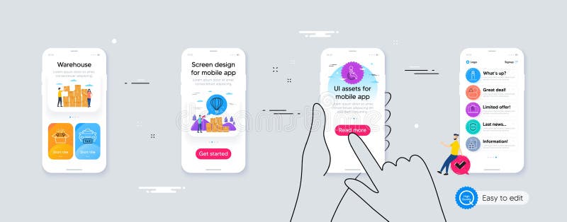 Outline set of Mobile inventory, Tickets and Luggage protect line icons for web application. For design. Vector stock illustration