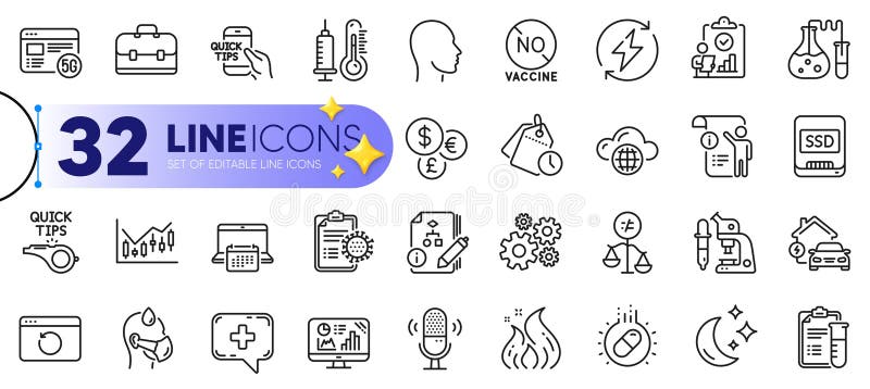 Outline set of Portfolio, Tutorials and Sick man line icons. For web app. Vector. Outline set of Portfolio, Tutorials and Sick man line icons for web with Microphone, Cloud computing, Analytics graph thin icon. Discrimination, Time management, Moon pictogram icon.