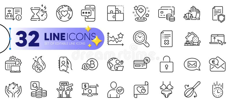 Outline set of Reject file, Technical algorithm and Donation line icons. For web app. Vector vector illustration