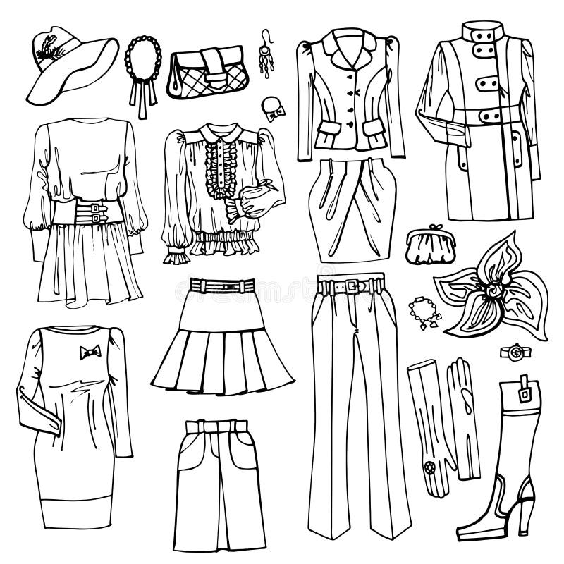 Outline Sketch.Females Clothing And Accessories Stock Vector ...