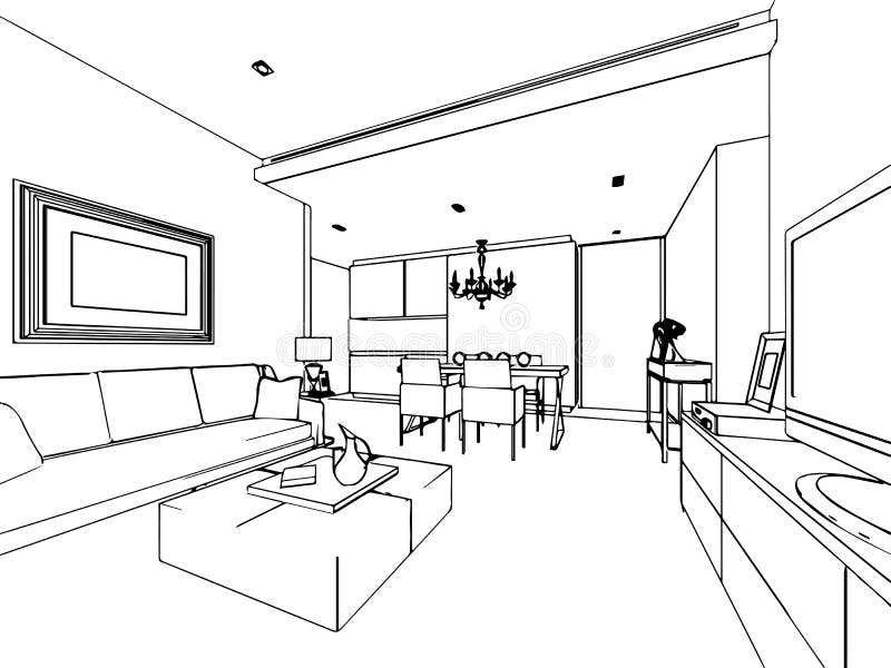 Outline sketch of a interior royalty free illustration