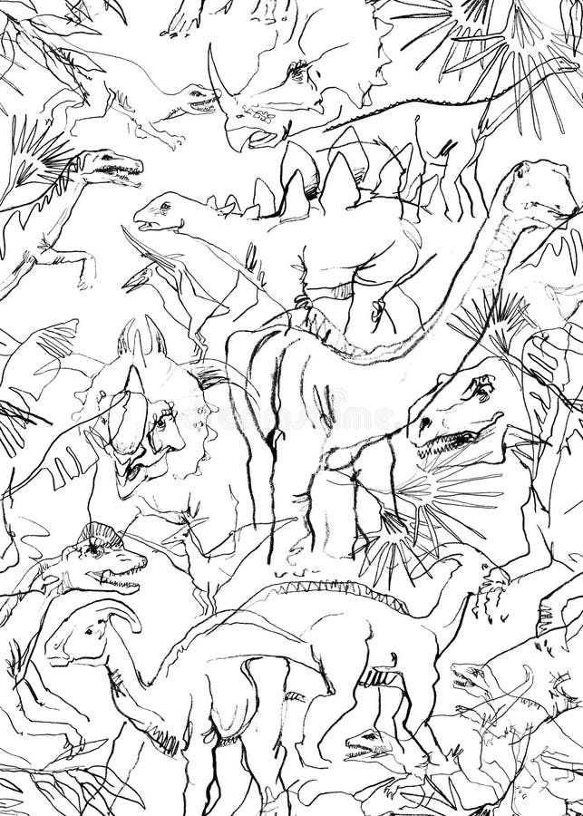Outline sketch jurassic dini. Dinosaurs seamless pattern. Hand drawn dinosaur background