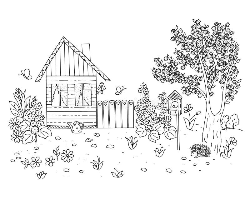 Outline vector illustration of the spring pastoral scene house, yard, garden, blooming trees, flowers, simple hand drawn style