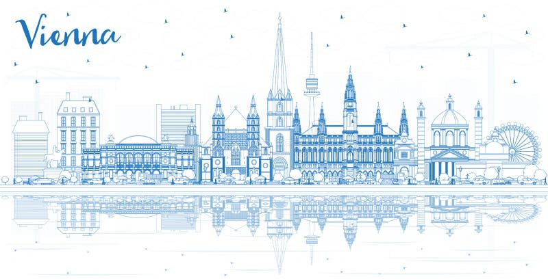 Outline Vienna Austria City Skyline with Blue Buildings and Reflections.