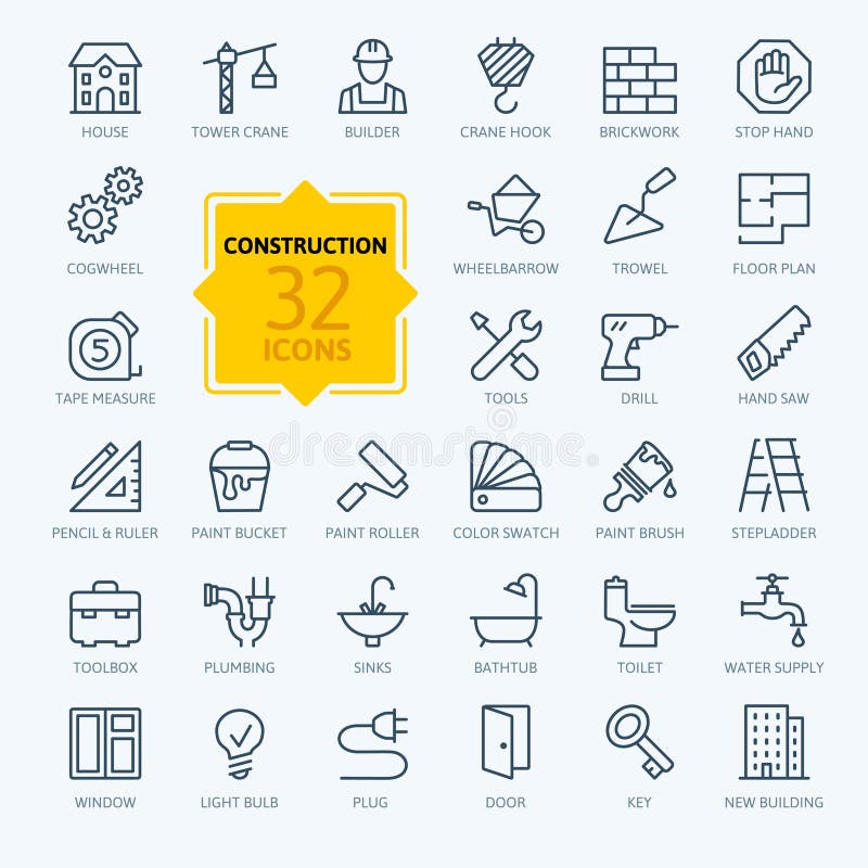 Outline web icons set - construction, home repair tools vector illustration