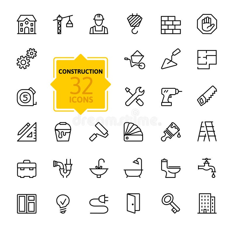 Sottili linee di tendenza collezione di icone di costruzione, casa, attrezzi per la riparazione.