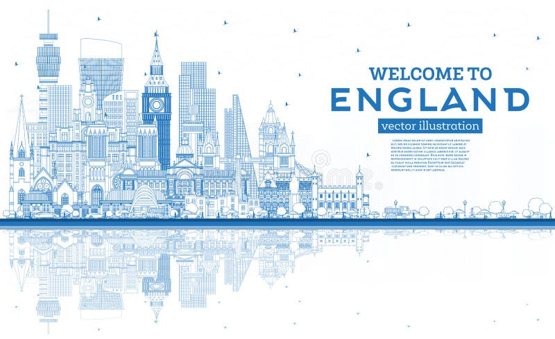 Outline Welcome To England City Skyline with Blue Buildings and ...