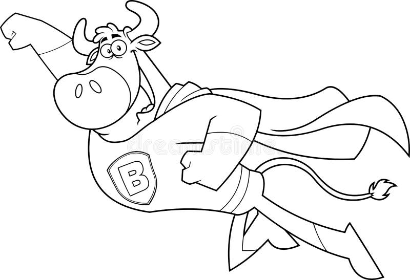 Outlined Bull Super Hero Cartoon Character Flying To The Rescue