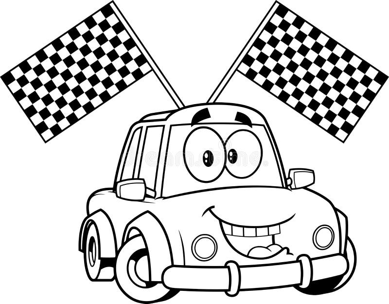 Outlined Happy Car Cartoon Character with Race Flags Editorial Stock Image  - Illustration of graphic, finish: 218128869