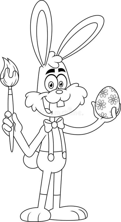 Outlined Happy Cartoon Character Rabbit Painting Easter Eggs royalty free illustration