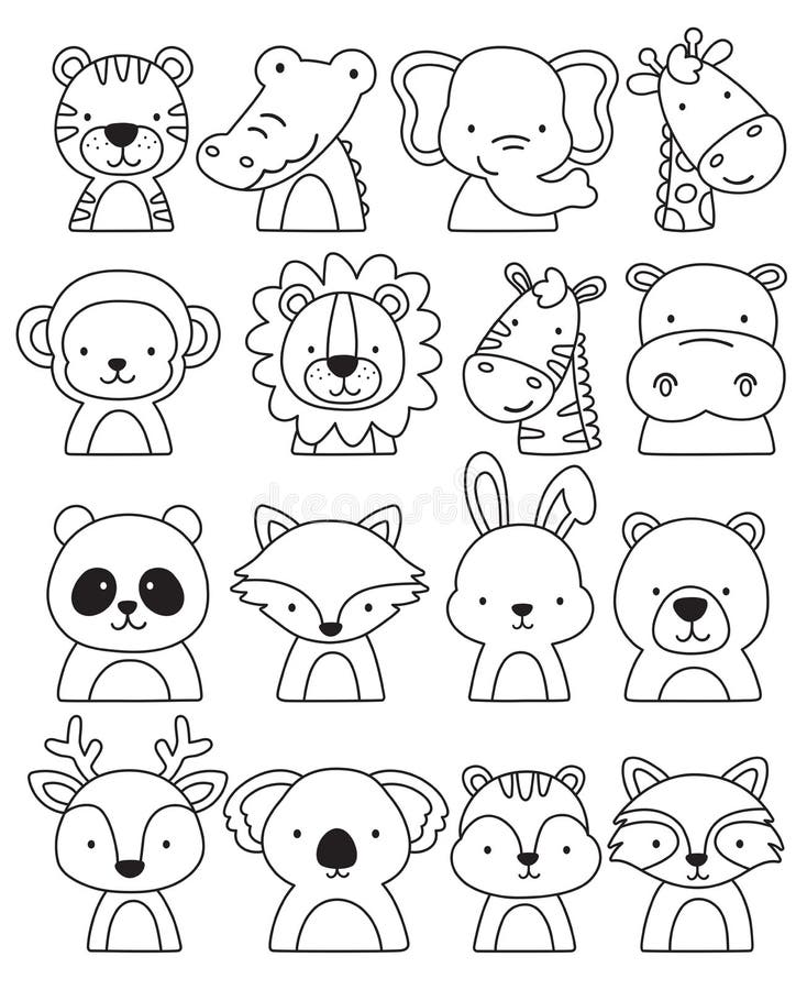 Outlined Jungle and Woodland Animal Faces Vector Illustration. Stock Vector  - Illustration of icon, live: 227374523