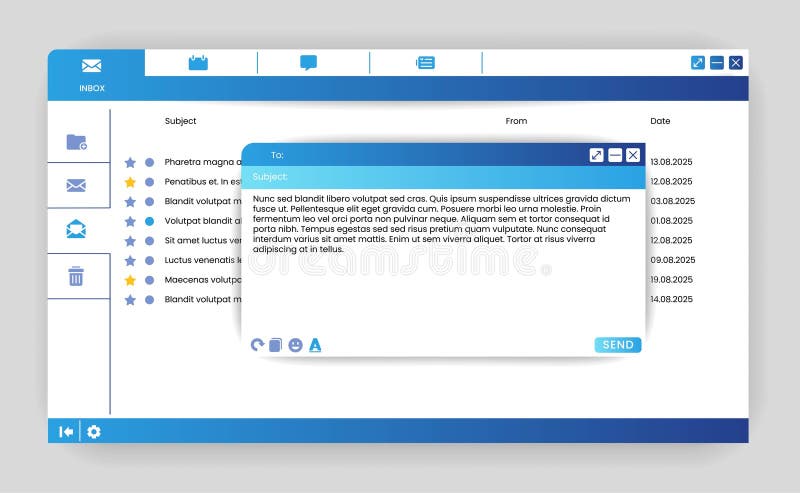 Outlook mail. Inbox email interface. Computer UI. Internet application of laptop browser. Address and subject of vector illustration