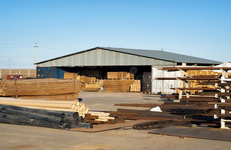Warehouse And External Storage At A Concrete Plant, Aerial View Stock
