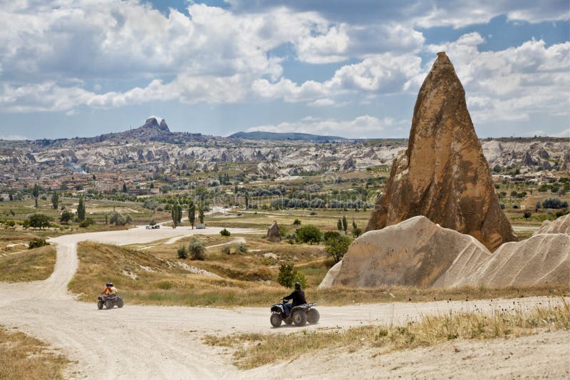 Outskirts Goreme Uchisar backdrop Quad dirt riders