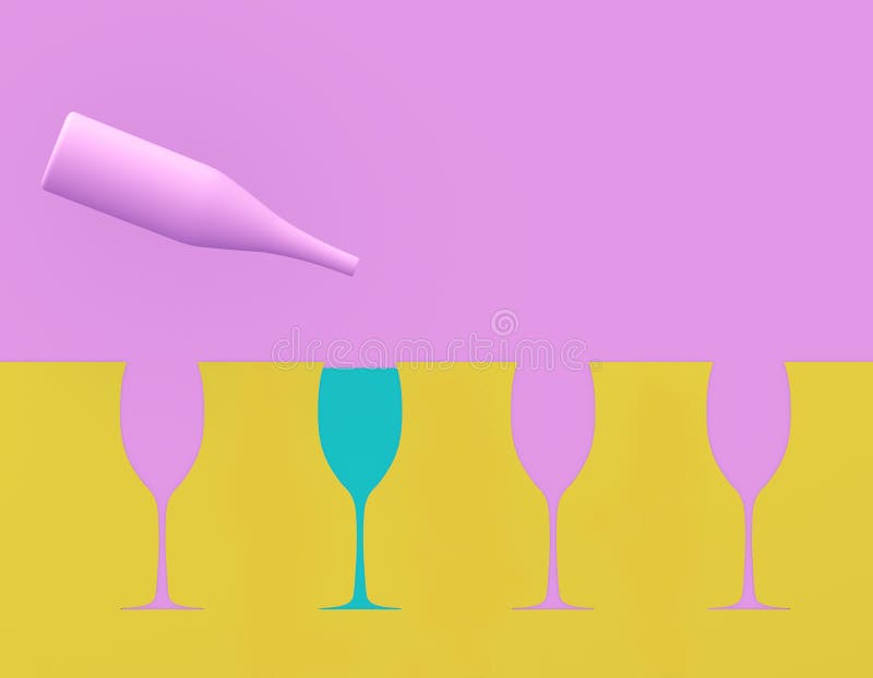 Outstanding blue champagne glass on pink and yellow pastel background. Party minimal concept. stock photos Outstanding blue champagne glass on pink and yellow pastel background. Party minimal concept. stock photos