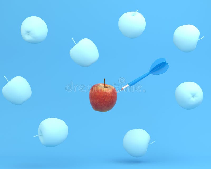Outstanding blue dart in apple on blue color background. minimal royalty free illustration