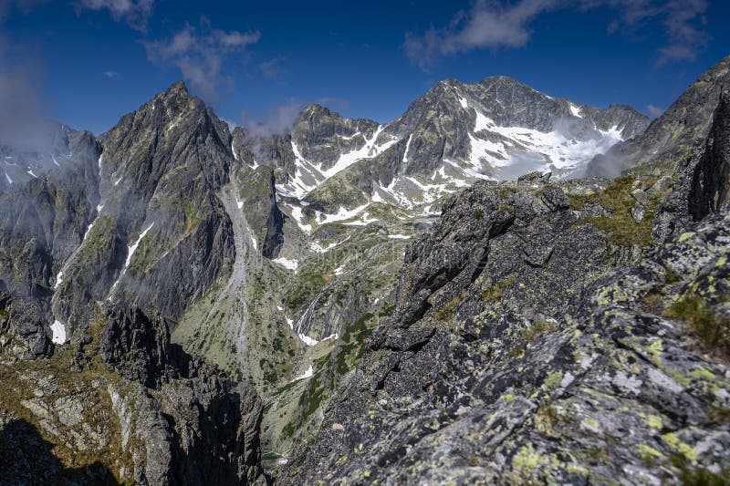 An outstanding mountain landscape of the High Tatras. A view from the Lomnicka Pass to the Little Cold Valley. Mala Studena Dolina