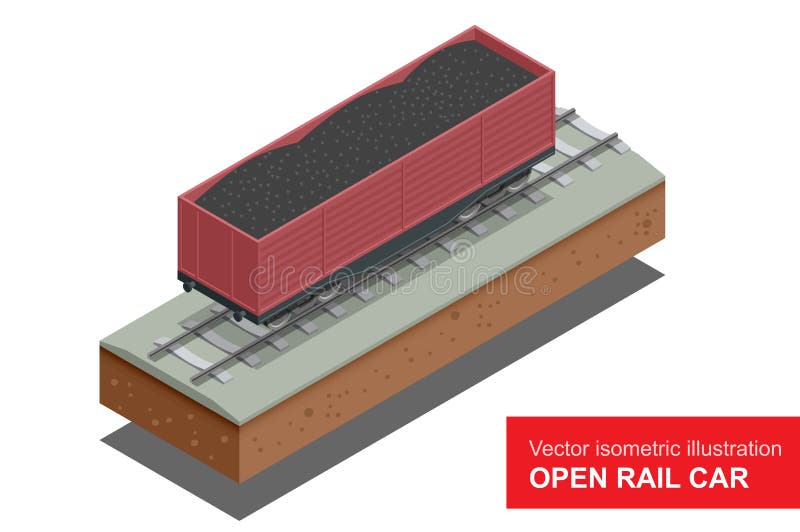 Ouvrez la voiture de rail pour le transport des cargaisons en vrac Chariot couvert de rail Illustration isométrique de vecteur de
