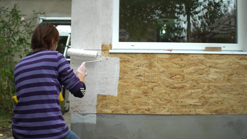 Ouvrière Peint Le Coin De La Maison En Bois. Main Avec Rouleau De