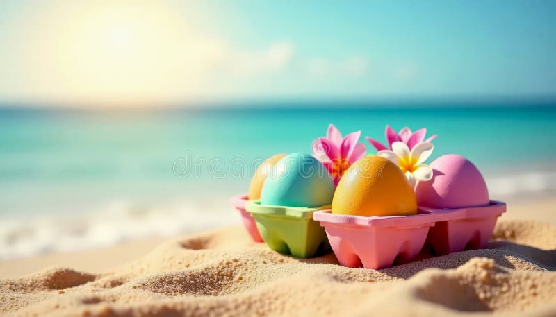 Ouă de Paște în recipiente colorate decorate cu flori hawaiiene pe țărmul oceanului royalty free stock photography