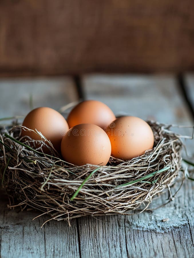 Ouă naturale AI generative proaspete într-un cuib confortabil construit cu bețe și iarbă pe conc rustic din lemn de suprafață stock illustration