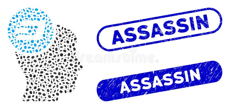 Collage Dash idea head and grunge stamp seals with Assassin phrase. Mosaic vector Dash idea head is composed with scattered oval parts. Assassin stamp seals use blue color. Collage Dash idea head and grunge stamp seals with Assassin phrase. Mosaic vector Dash idea head is composed with scattered oval parts. Assassin stamp seals use blue color