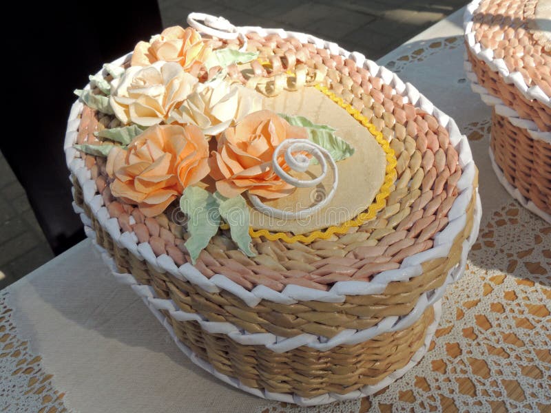 Oval Creamcoloured Handicraft Paper Box Decorated with Roses Stock