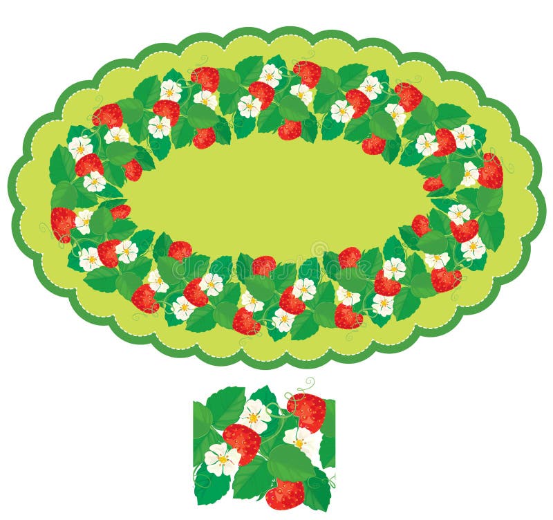 Oval frame with Strawberries, flowers and leaves isolated