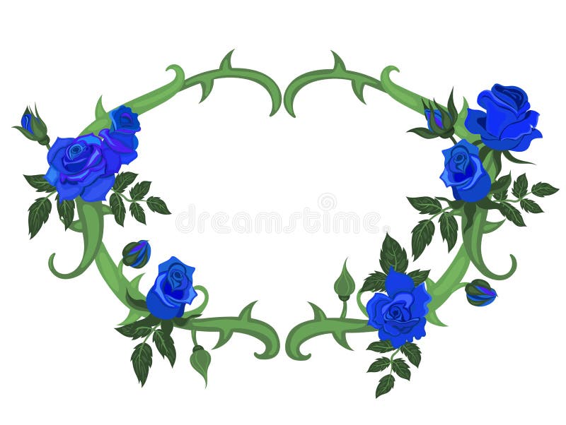 Oval Frame of Thorns and Blue Roses Isolated on a White Background ...