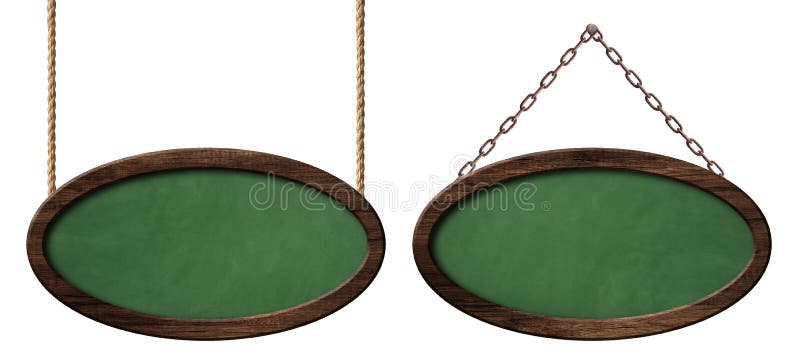 Oval green blackboard with dark wooden frame hanging on ropes and chains