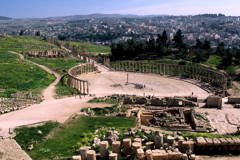 Oval Plaza in the Ancient City of Jerash royalty free stock images Oval Plaza in the Ancient City of Jerash royalty free stock images