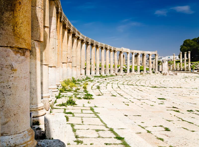 Oval Plaza columns in Jerash, Jordan
