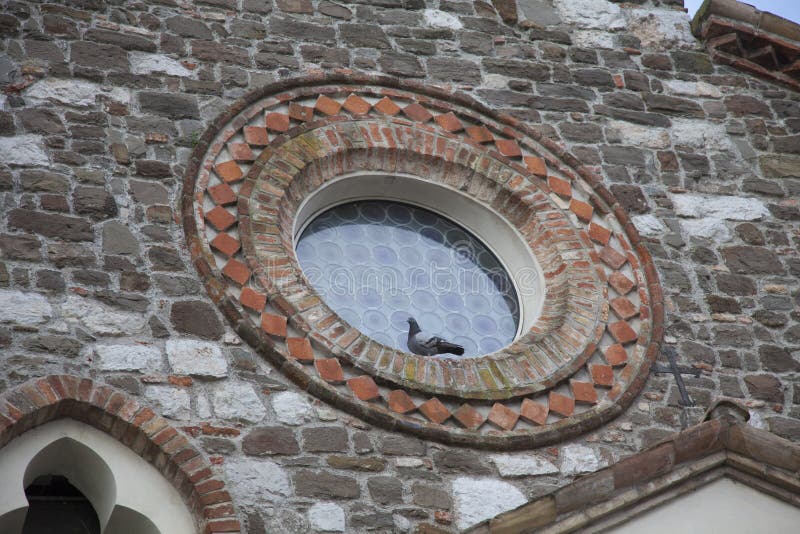Ovales Fenster mit Taube stockfoto. Bild von rauh, lack