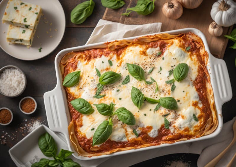 Ovan vy av vit bakskål med lasagnsammansättning med basilila blad vitlök och ost royaltyfri bild